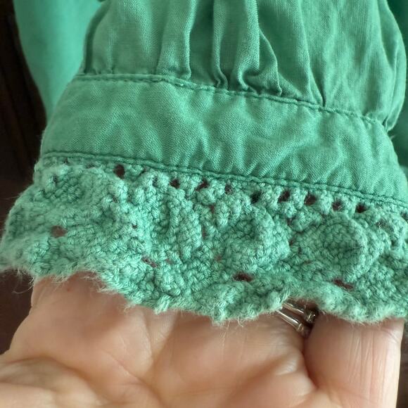 BEAMS | Tendance par Ray Beams Green cotton crochet trim Tie Neck Blouse Medium - Picture 7 of 9